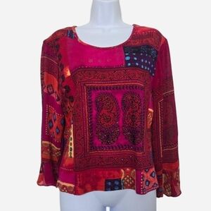 Vintage Y2K Temptation Burgundy Bohemian Paisley Mesh Sleeves Top